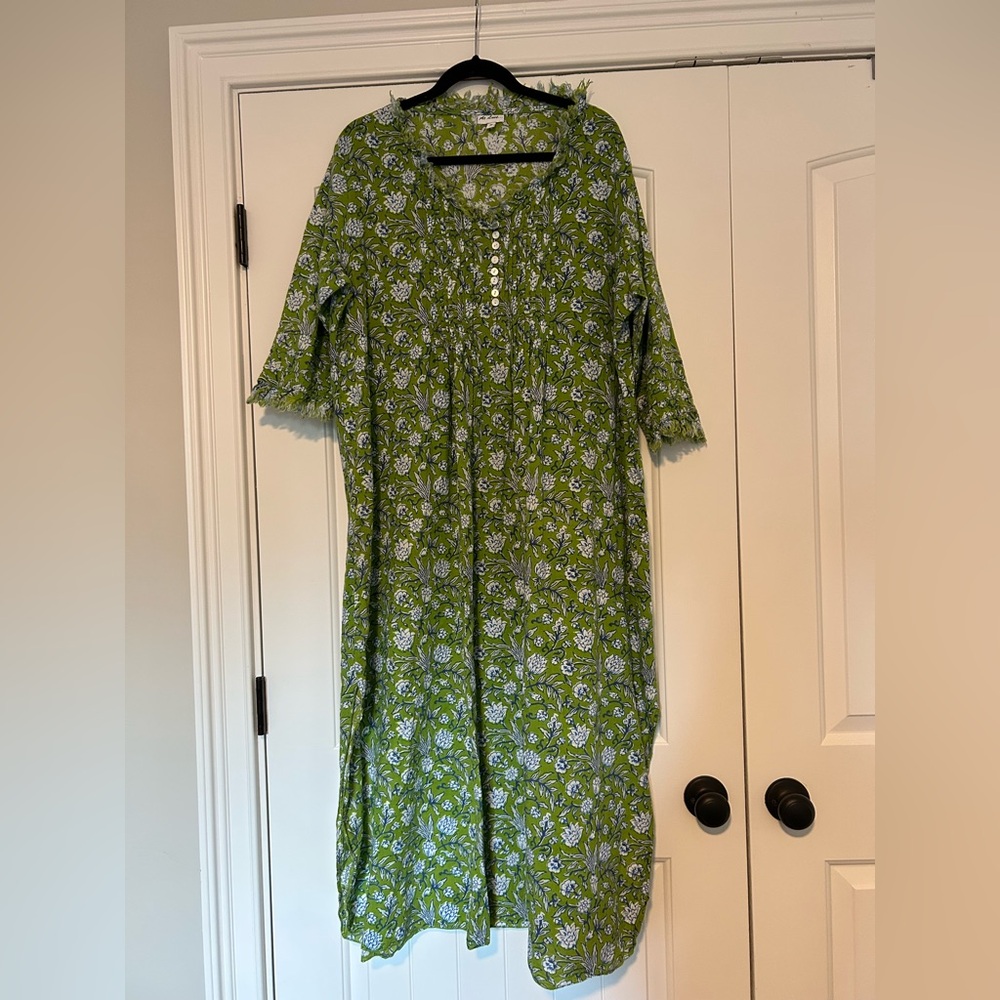 At Last Cotton Annabel Floral Green Blue Maxi Dress UK 24 (US XXL) - Picture 3 of 9